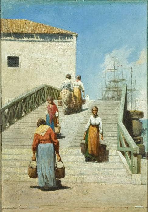 Women on the bridge in Venice by Vincenzo Cabianca — hand-painted architectural oil painting reproduction on canvas