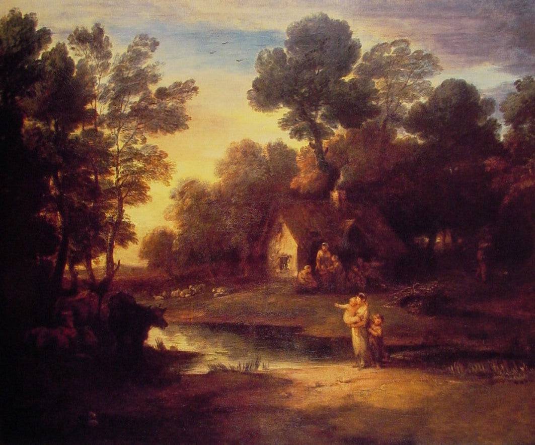 Wooded Landscape with Cattle by a Pool and a Cottage at Evening - Thomas Gainsborough