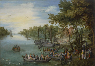 Wooded river landscape with a landing stage, boats, various figures and a village beyond in bedroom