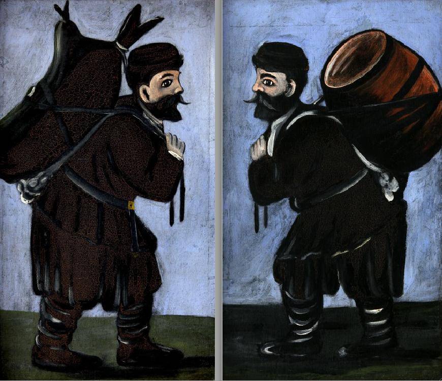 Workers with a barrel (diptych) - Niko Pirosmani