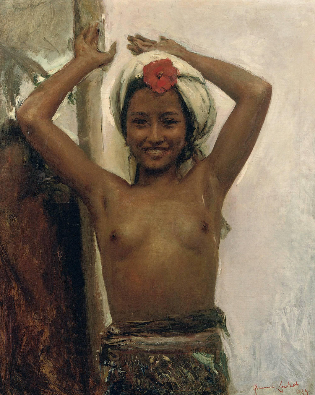 Young Balinese Girl with Hibiscus by Romualdo Locatelli — hand-painted portrait oil painting reproduction on canvas