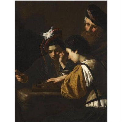 Young boys playing backgammon an old man watching in the background by Nicolas Tournier — oil painting reproduction