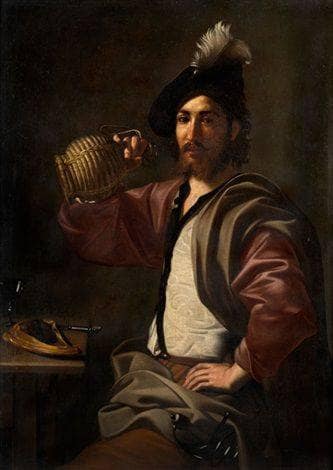 Young country servant at dining table with wine bottle by Nicolas Tournier — hand-painted portrait oil painting reproduction on canvas