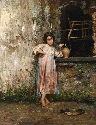 Young girl at the fountain by Vincenzo Irolli — oil painting reproduction