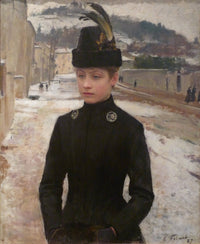 Young girl from Nancy in a snowy landscape by Émile Friant — hand-painted portrait oil painting reproduction on canvas