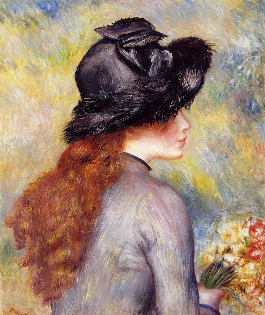 Young Girl Holding at Bouquet of Tulips by Pierre-Auguste Renoir — hand-painted portrait oil painting reproduction on canvas