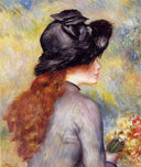 Young Girl Holding at Bouquet of Tulips by Pierre-Auguste Renoir — female oil painting wall art, Impressionism