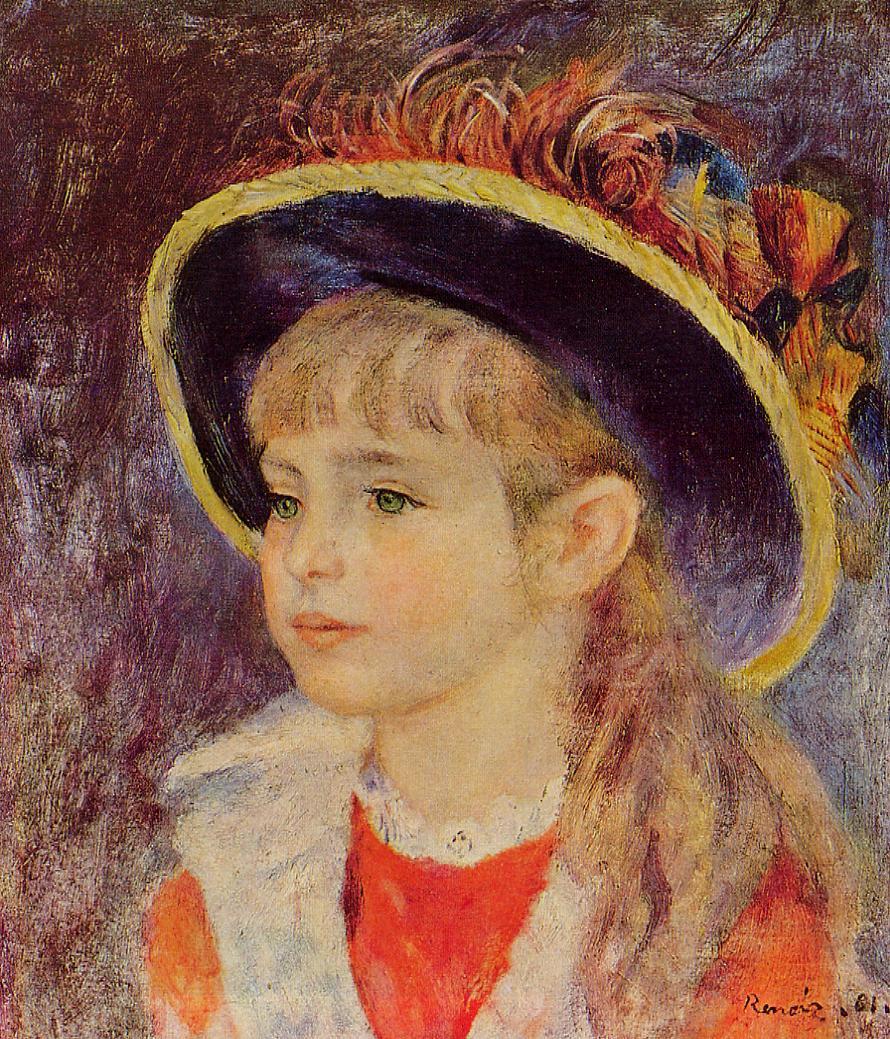Young Girl in a Blue Hat by Pierre-Auguste Renoir — hand-painted portrait oil painting reproduction on canvas
