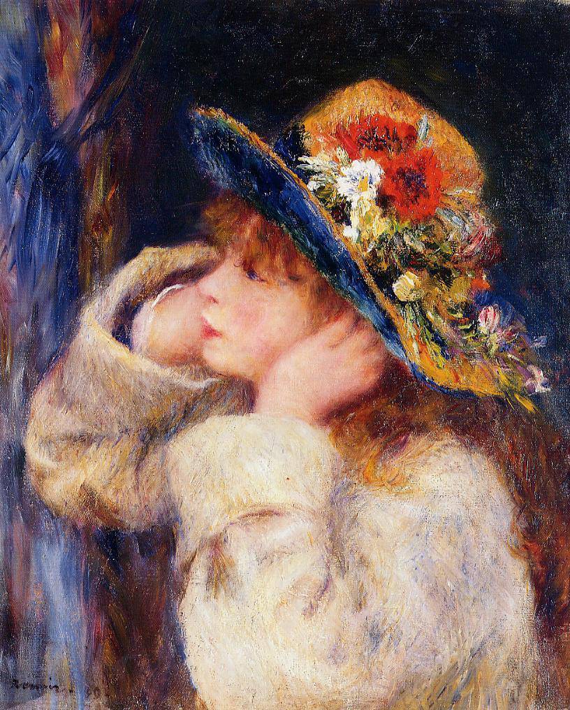 Young Girl in a Hat Decorated with Wildflowers - Pierre-Auguste Renoir