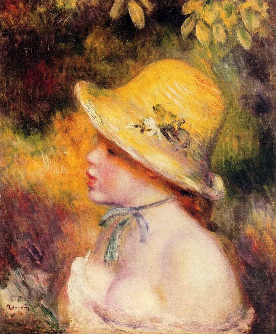 Young Girl in a Straw Hat by Pierre-Auguste Renoir — hand-painted portrait oil painting reproduction on canvas