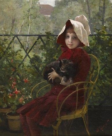 Young Girl in Red with a Cat - Charles Giron