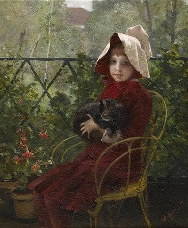 Young Girl in Red with a Cat by Charles Giron — oil painting reproduction