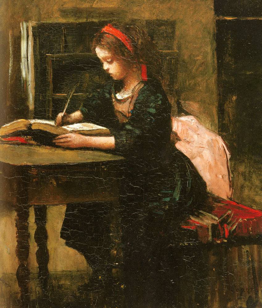Young Girl Learning to Write by Camille Corot — hand-painted portrait oil painting reproduction on canvas
