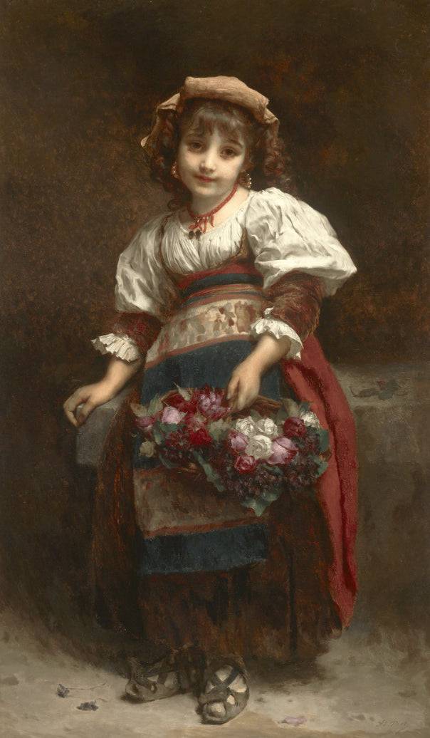Young girl with a basket of flowers by Adolphe Piot — hand-painted portrait oil painting reproduction on canvas