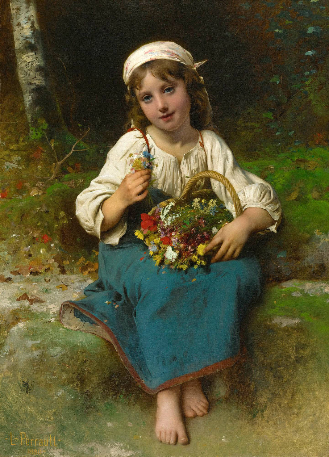 Young girl with a basket of flowers by Léon Bazile Perrault, hand-painted portrait oil painting reproduction on canvas