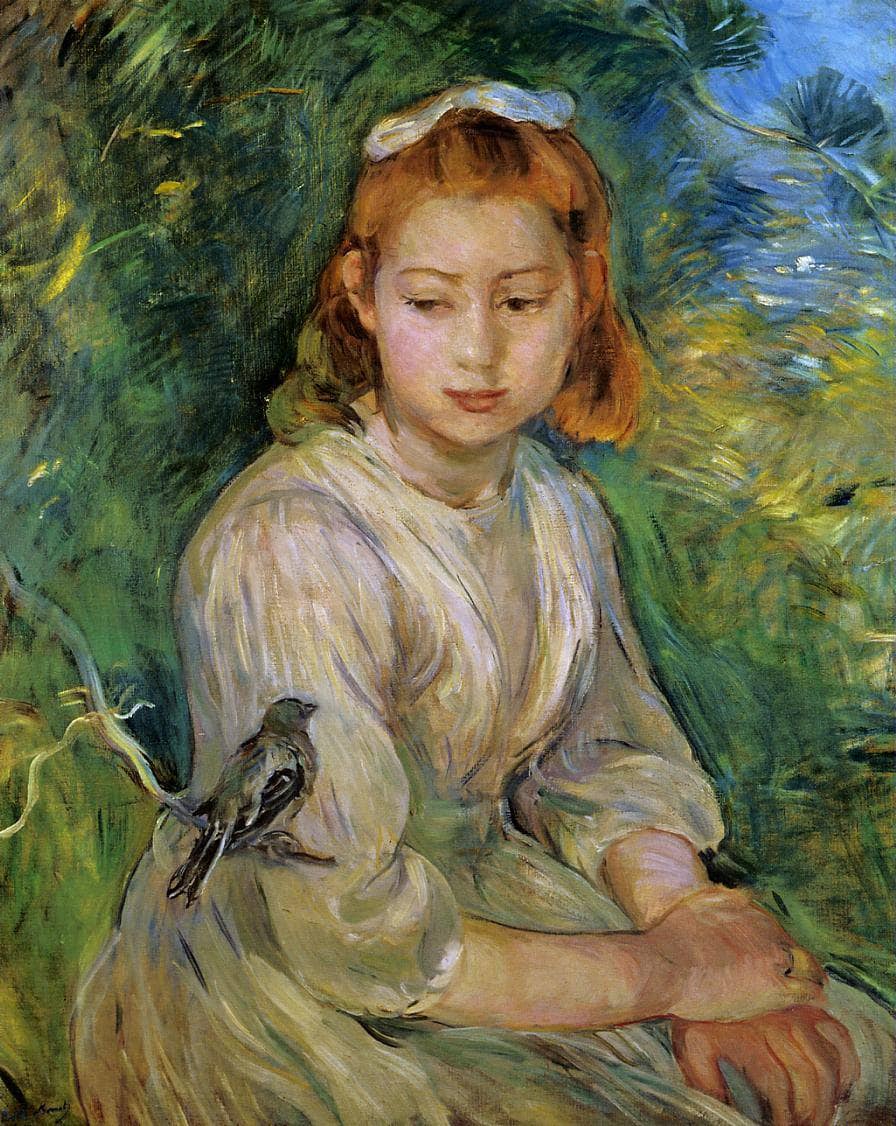 Young Girl with a Bird by Berthe Morisot — hand-painted portrait oil painting reproduction on canvas
