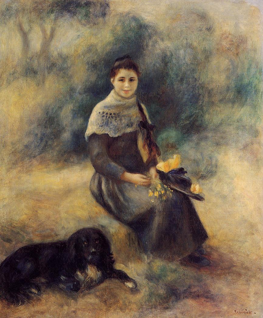 Young Girl with a Dog by Pierre-Auguste Renoir — hand-painted portrait oil painting reproduction on canvas
