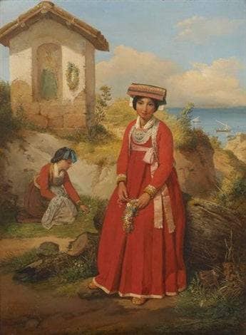 Young Italians picking a bouquet of flowers by Jean Victor Schnetz — hand-painted cultural oil painting reproduction on canvas