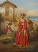 Young Italians picking a bouquet of flowers by Jean Victor Schnetz — hand-painted cultural oil painting reproduction on canvas