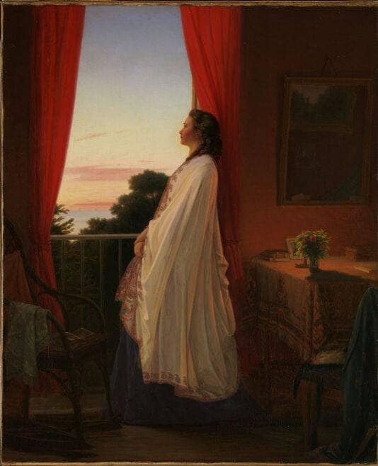 Young Lady Watching the Summer Night from an the Open Door of a Veranda by Jørgen Sonne — hand-painted portrait oil painting reproduction on canvas
