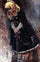 Young lady with blue fur coat in dining room