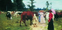 Young ladys walk among herd of cow by Ilya Repin, group oil painting wall art, Realism