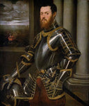 Young man in a gold decorated suit of armour by Tintoretto — male oil painting wall art, Mannerism Late Renaissance
