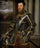 Young man in a gold decorated suit of armour in kitchen