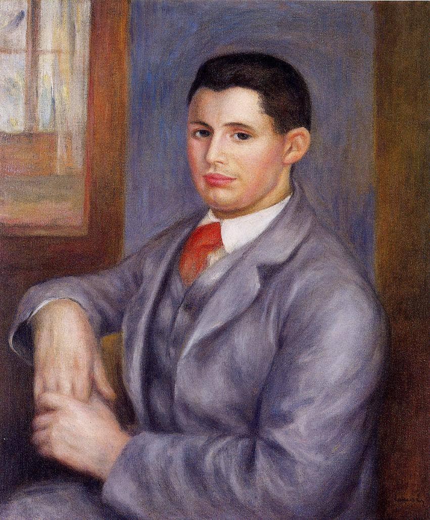 Young Man in a Red Tie, Portrait of Eugene Renoir by Pierre-Auguste Renoir — hand-painted portrait oil painting reproduction on canvas