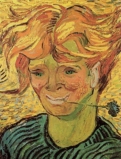 Young Man with Cornflower in apartment