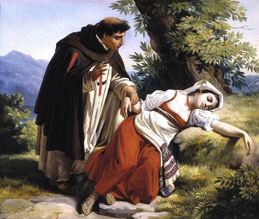 Young monk waking a roman peasant girl