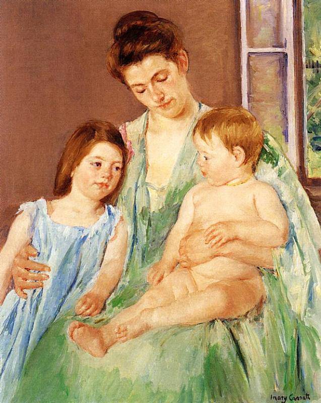 Young Mother and Two Children by Mary Cassatt, hand-painted portrait oil painting reproduction on canvas