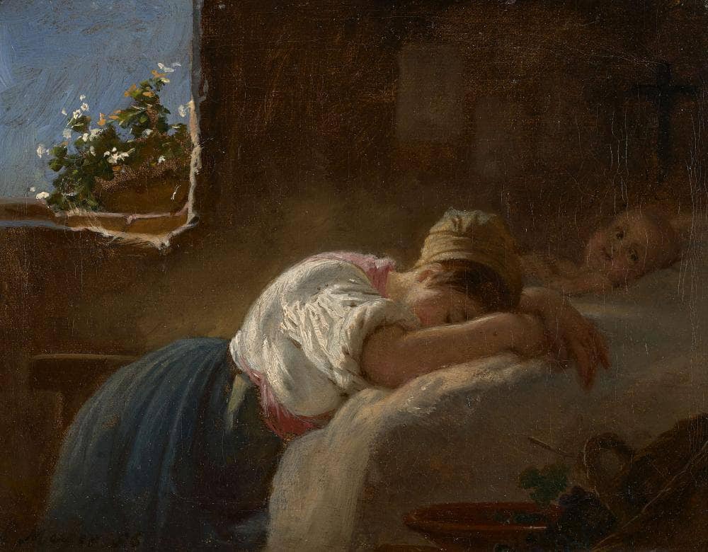 Young mother sleeping next to her baby by Ernst Meyer — hand-painted portrait oil painting reproduction on canvas