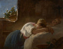 Young mother sleeping next to her baby by Ernst Meyer — female oil painting wall art, Romanticism