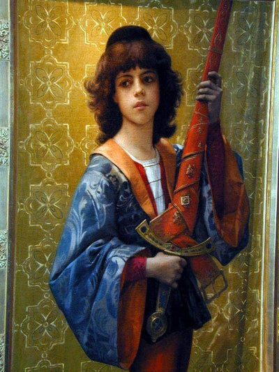 Young Page in Florentine Garb in kitchen