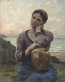 Young Peasant Girl with a Jug on a Sea Background by Jules Breton — hand-painted portrait oil painting reproduction on canvas