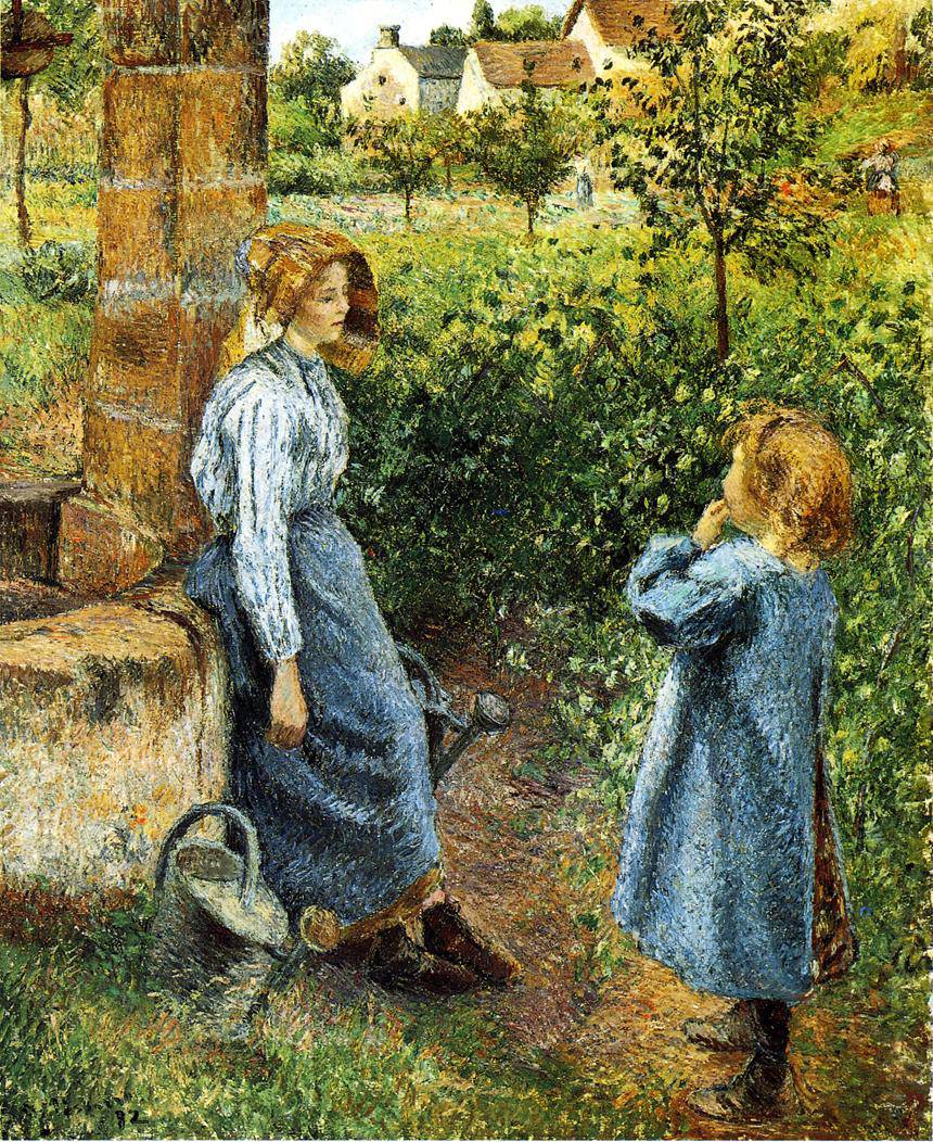 Young Woman and Child at the Well by Camille Pissarro — hand-painted eco oil painting reproduction on canvas