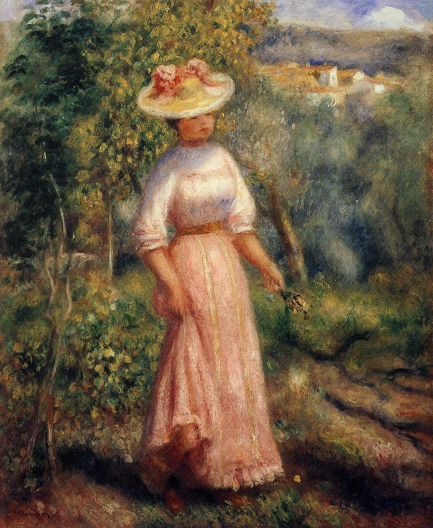 Young Woman in Red in the Fields - Pierre-Auguste Renoir