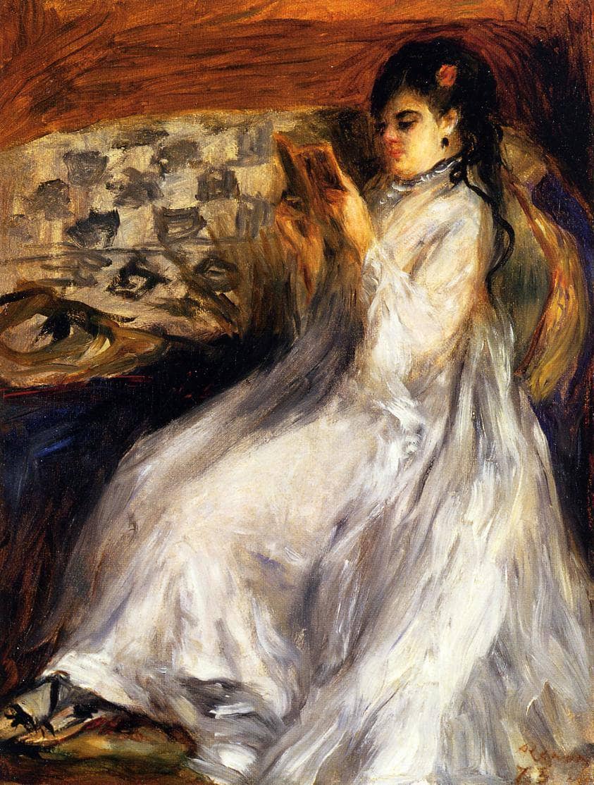 Young Woman in White Reading by Pierre-Auguste Renoir — hand-painted portrait oil painting reproduction on canvas