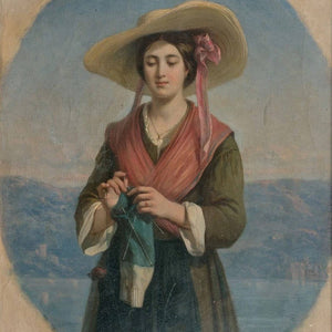 Young woman knitting in front of a lake