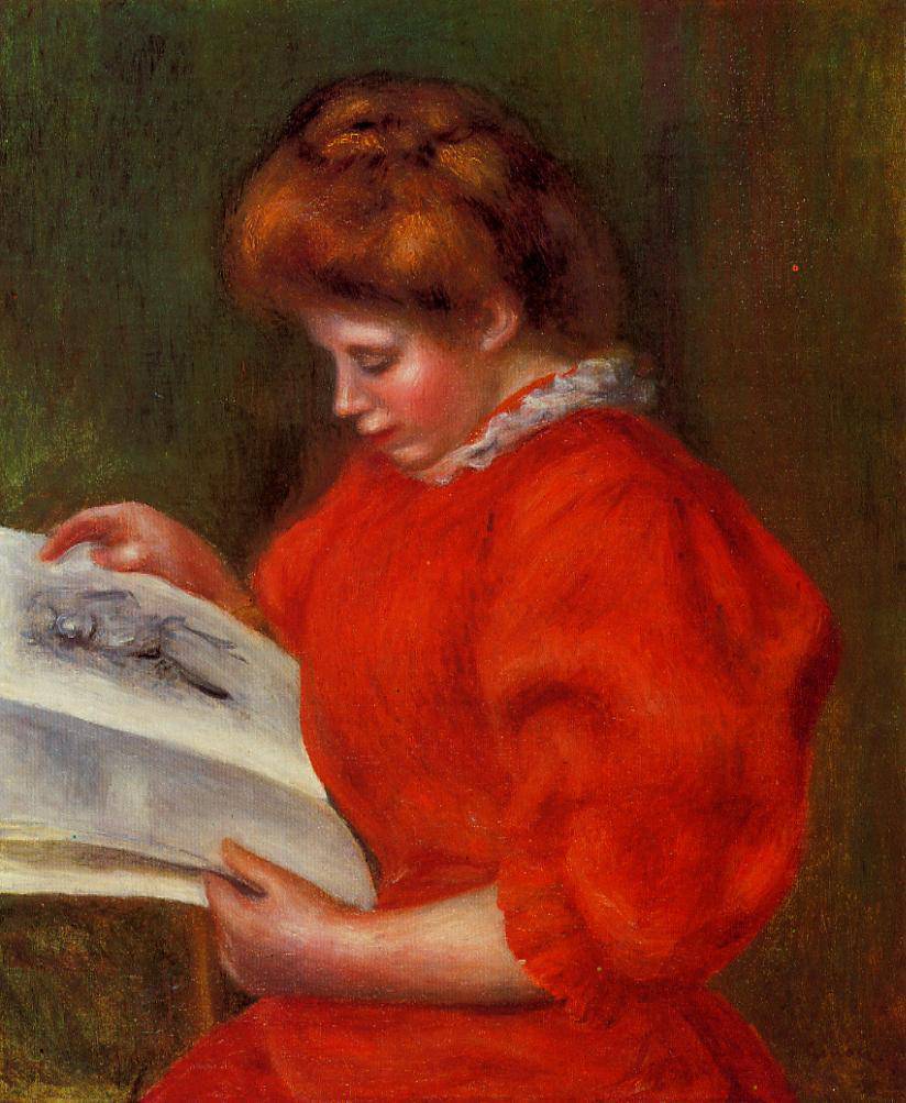 Young Woman Looking at a Print by Pierre-Auguste Renoir — hand-painted portrait oil painting reproduction on canvas