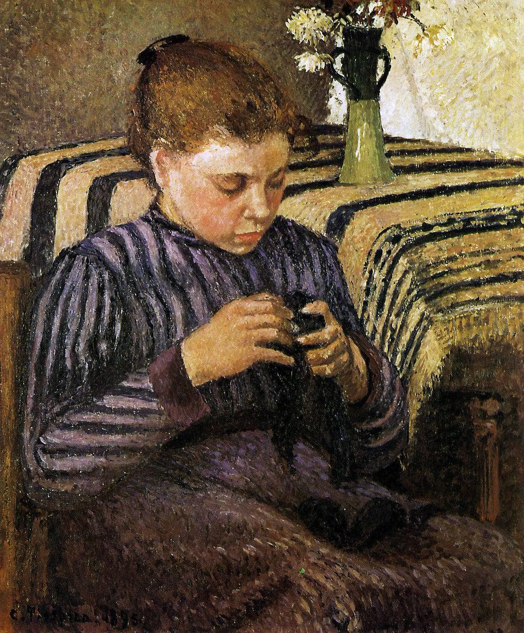 Young woman mending her stockings by Camille Pissarro — hand-painted portrait oil painting reproduction on canvas