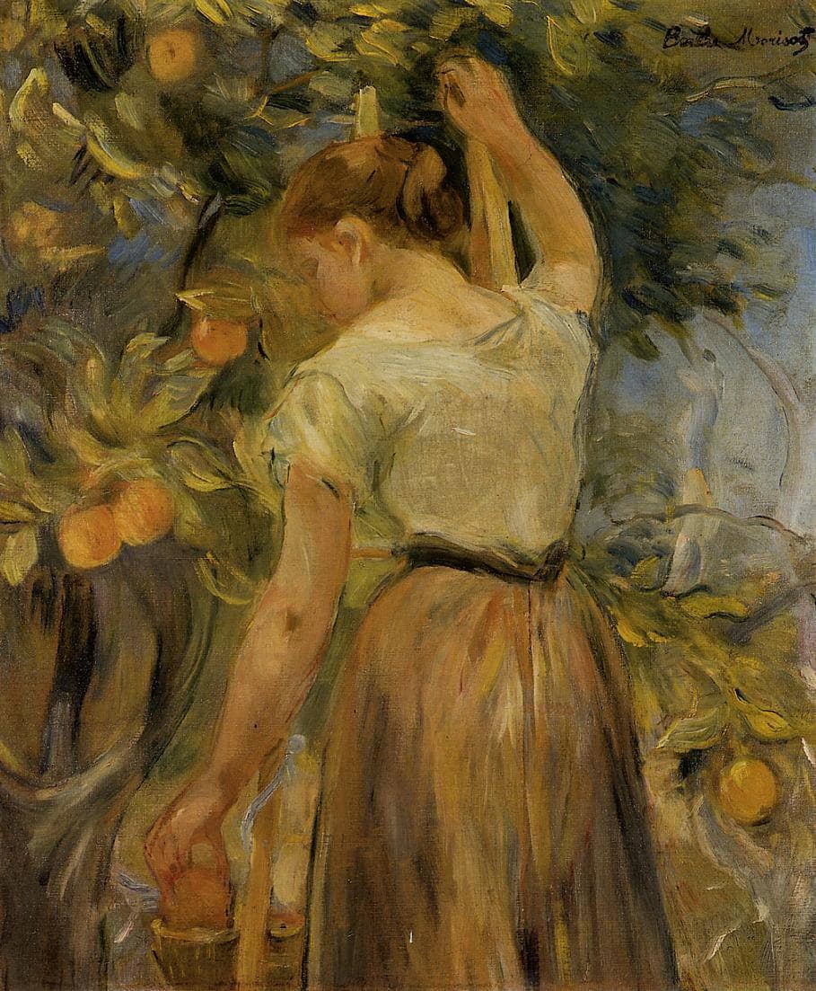 Young Woman Picking Oranges by Berthe Morisot — hand-painted portrait oil painting reproduction on canvas