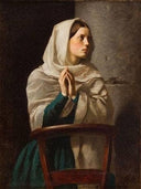 Young Woman Praying in Church by Jules Breton — female oil painting wall art, Realism