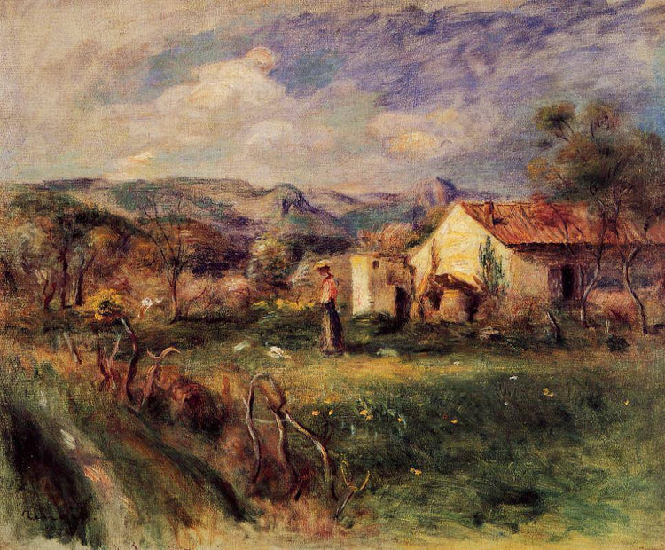 Young Woman Standing near a Farmhouse in Milly - Pierre-Auguste Renoir