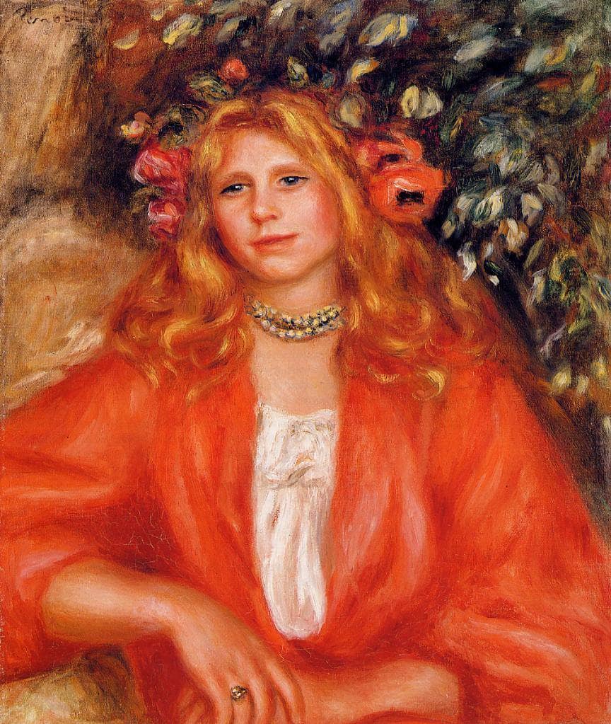 Young Woman Wearing a Garland of Flowers by Pierre-Auguste Renoir — hand-painted portrait oil painting reproduction on canvas