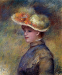Young Woman Wearing a Hat by Pierre-Auguste Renoir — female oil painting wall art, Impressionism
