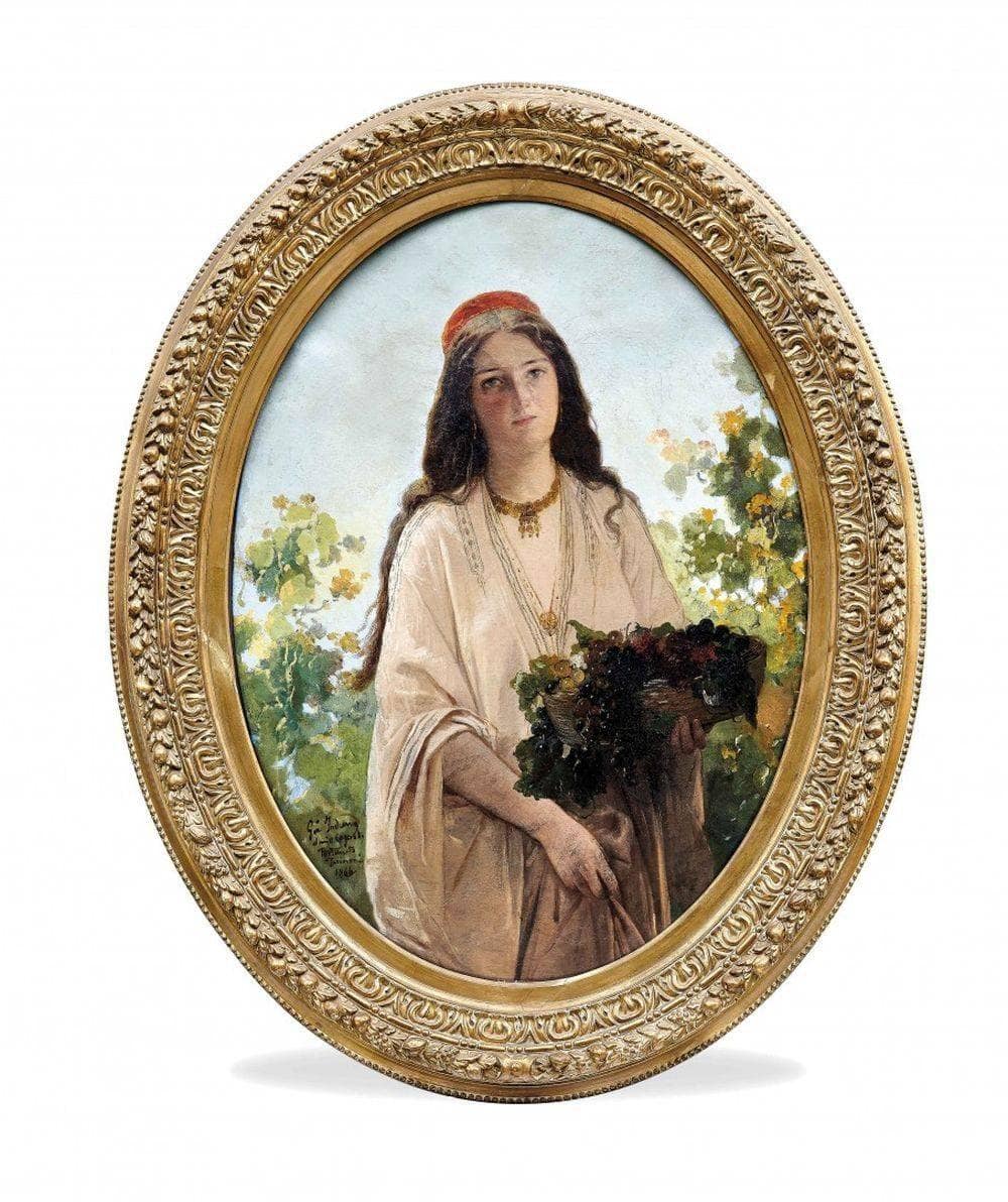 Young woman with basket of grapes