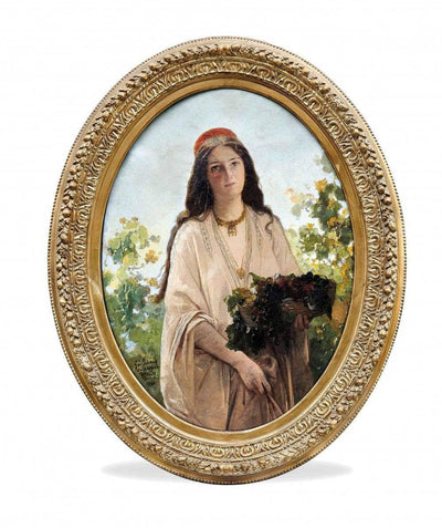 Young woman with basket of grapes in master bedroom