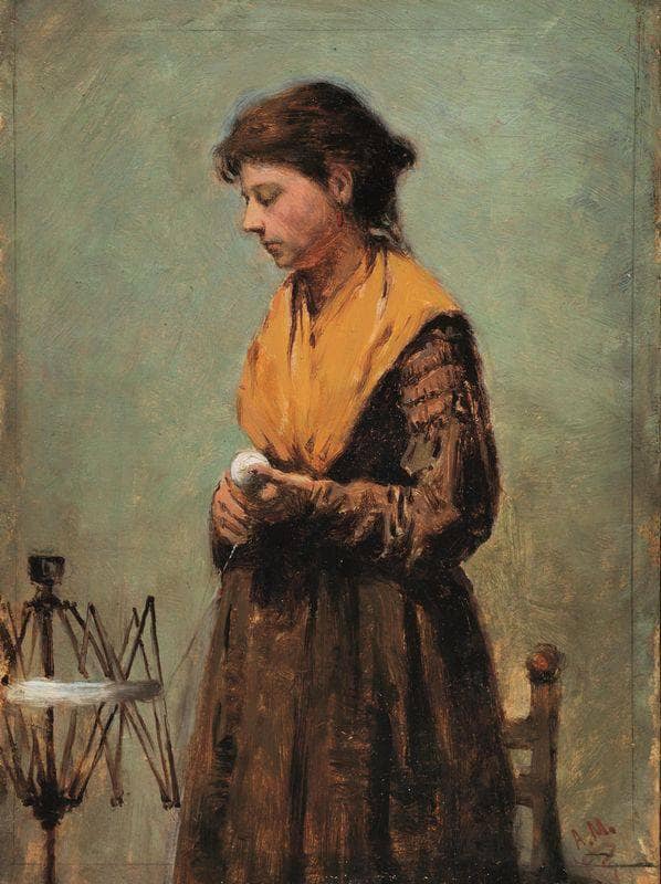Young woman with spinning wheel by Angelo Morbelli — hand-painted portrait oil painting reproduction on canvas